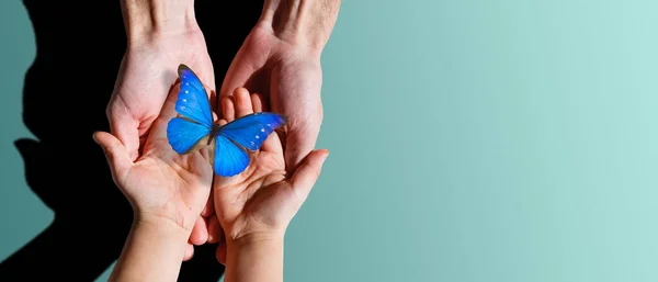 Mains Mère Enfant Beau Papillon Lumineux Carte Fête Des Mères — Photo