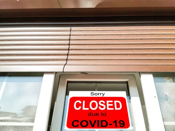 Business Center Closed Due Covid Sign Sorry Door Window Stores — Stock Photo, Image