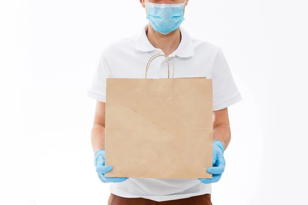 Courier Protective Mask Medical Gloves Delivers Takeaway Food Delivery Service — Stock Photo, Image