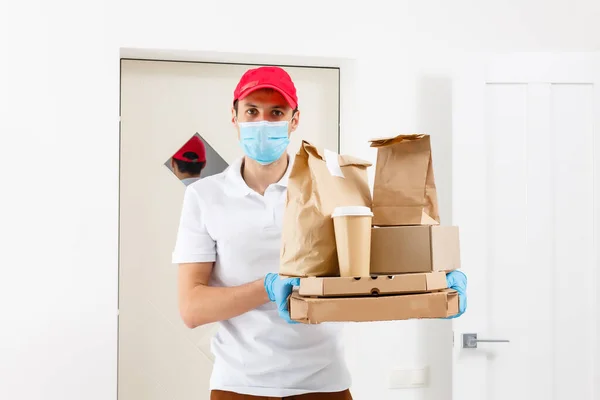 Contactless Pizza Delivery Pizza Box Delivery Man Holding Cardboard Boxes — Stock Photo, Image