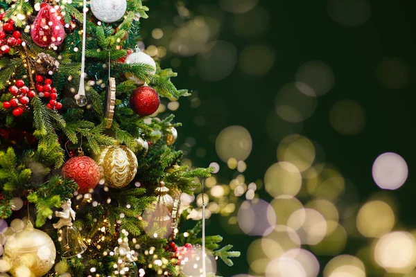 Pomul Crăciun Decorațiuni Lumini Fundal — Fotografie, imagine de stoc