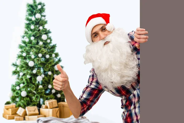 Santa Claus Sosteniendo Una Caja Pizza Haciendo Cartel Con Pulgar —  Fotos de Stock