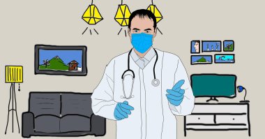 Evdeki akıllı doktor. karakter tasarımı. Çizgi film illüstrasyonu