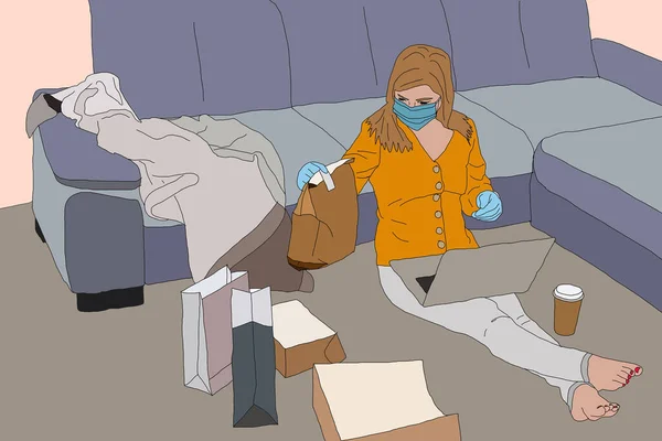 Young Woman Home Self Quarantine Order Products Online Delivery Quarantined — Stock Photo, Image