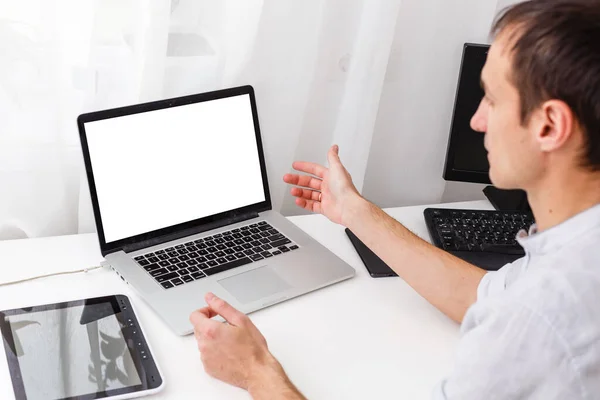 Back View Male Person Sitting Front Open Laptop Computer Blank — Stock Photo, Image