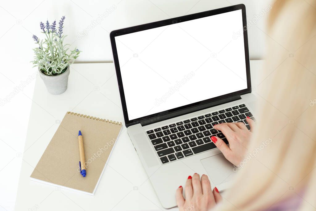 Rear view of business woman hands busy using laptop blank screen at office desk, with copyspace