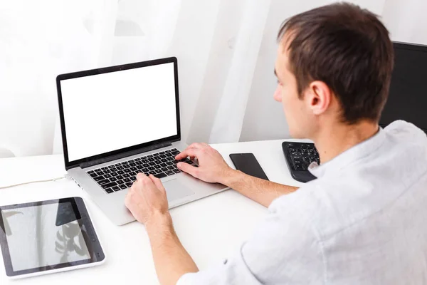 Back View Male Person Sitting Front Open Laptop Computer Blank — Stock Photo, Image