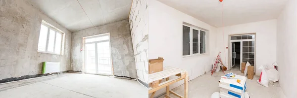 Renovierung Vorher Und Nachher Leere Wohnung Zimmer Neu Und Alt — Stockfoto