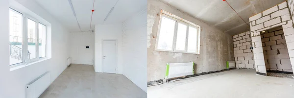 翻新概念 修复或翻新之前和之后的公寓 — 图库照片
