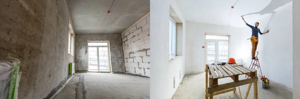 Comparación Una Habitación Apartamento Antes Después Renovación Casa Nueva —  Fotos de Stock