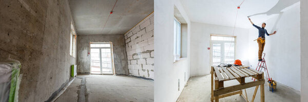 Сравнение комнаты в квартире до и после ремонта. Новый дом.