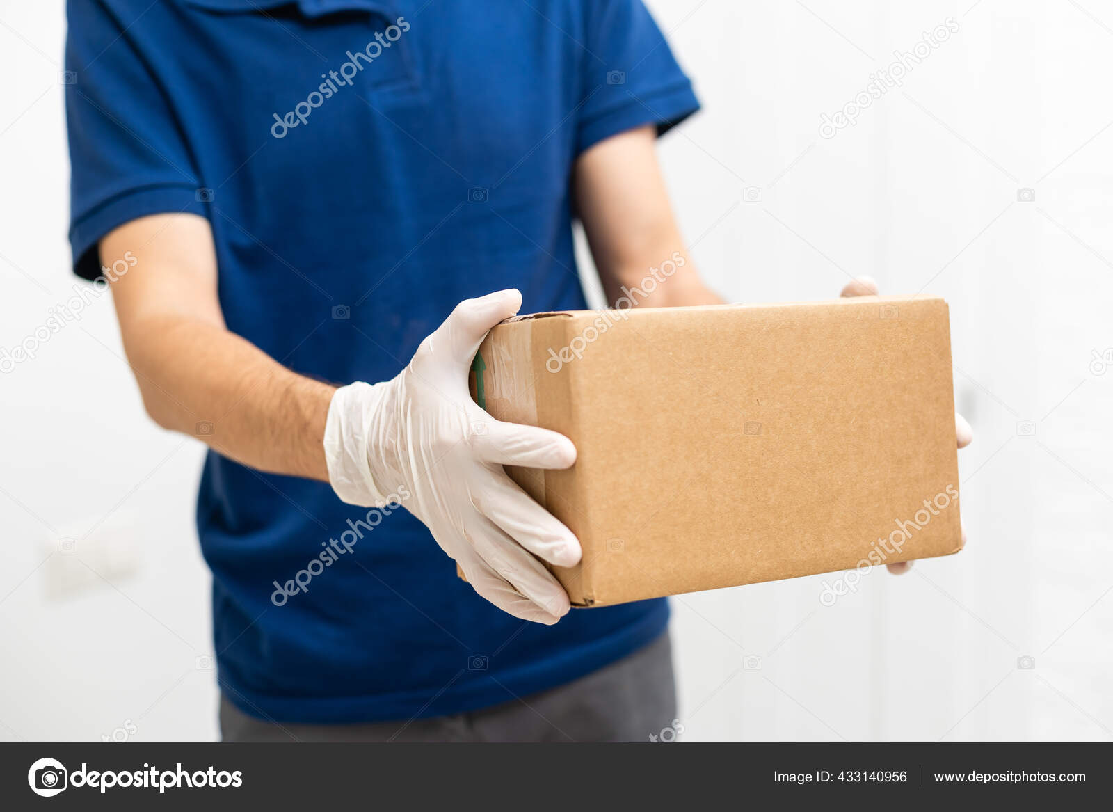 Delivery Man Holding Cardboard Boxes Medical Rubber Gloves Mask