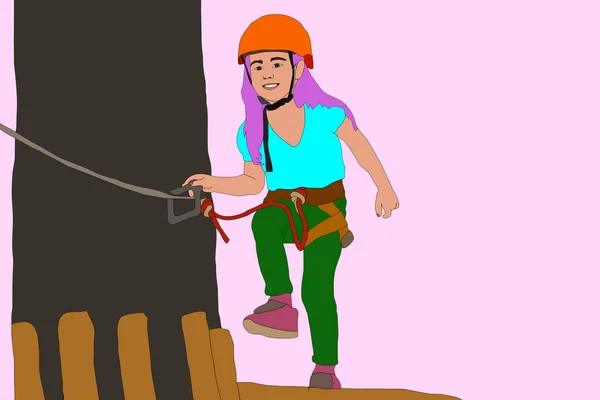 Ragazza Arrampicata Corda Sul Colore Sfondo Illustrazione — Foto Stock