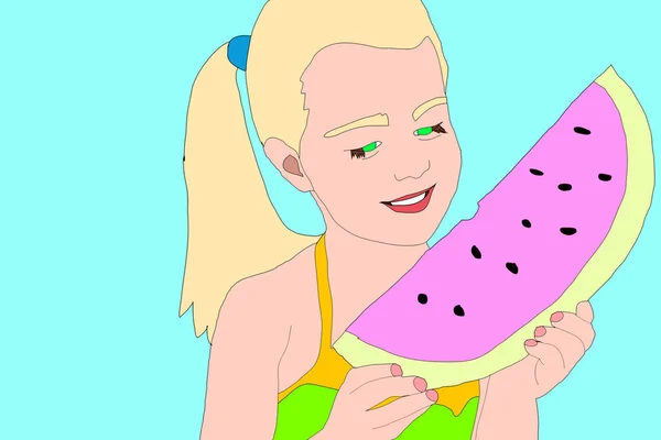Cute Girl Eating Watermelon Design — Zdjęcie stockowe