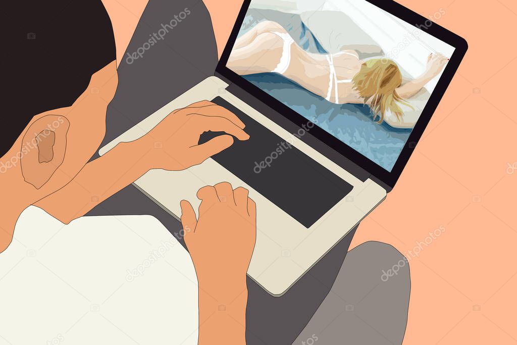Porn, pornography and pornographic content on the computer. Silhouette of sexy and attractive woman is on the screen of the laptop