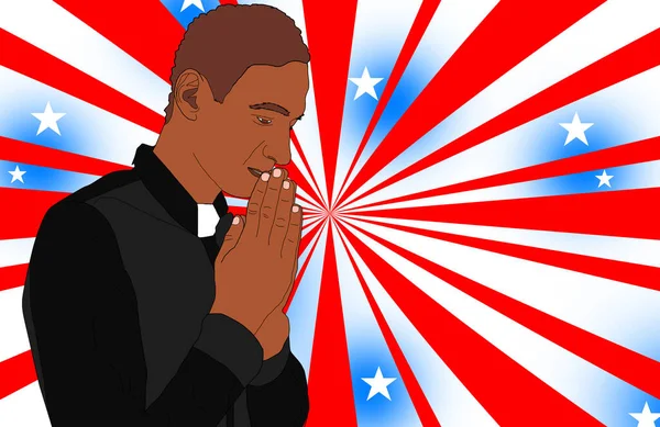 アメリカ国旗の後ろに立ってオンラインで祈る人 インターネット教会 オンライン説教の概念 ストック漫画イラスト — ストック写真