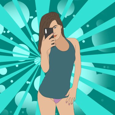 Gri elbiseli tatlı seksi kız selfie çekiyor. resimleme