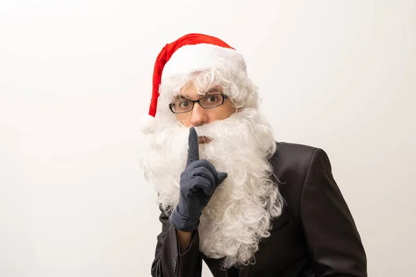 Santa Claus Con Dedo Los Labios Sobre Fondo Blanco —  Fotos de Stock