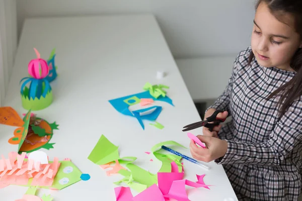 Beautiful Little Girl Cutting Paper Scissors Art Lesson Class Children — Stock Photo, Image