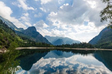 Alp yüksek dağ gölü, kozalaklı ağaçlar suya yansıyor, Antrona vadisi Campliccioli gölü, İtalya Piedmont