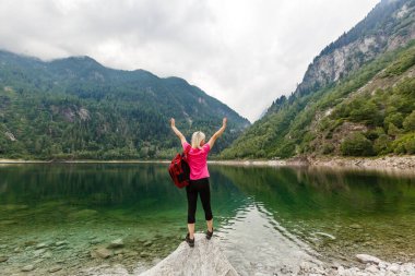 Alp yüksek dağ gölü, kozalaklı ağaçlar suya yansıyor, Antrona vadisi Campliccioli gölü, İtalya Piedmont