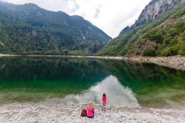 Alp yüksek dağ gölü, kozalaklı ağaçlar suya yansıyor, Antrona vadisi Campliccioli gölü, İtalya Piedmont