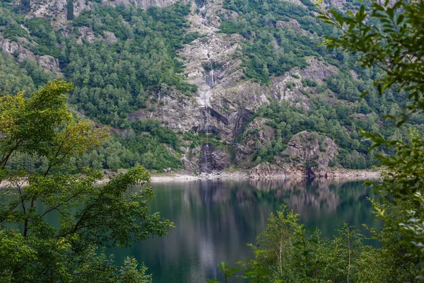 Alpine High Mountain Lake Coniferous Woods Reflected Water Antrona Valley — Stock Photo, Image