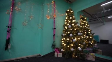 christmas tree at the gym lights bokeh in background.