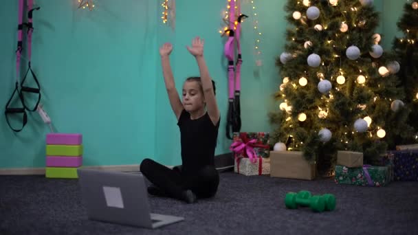 Kids Sport Home Quarantine Little Girl Make Stretching Workout Background — Wideo stockowe