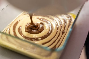 Zebra turtası arkaplan, bulanık çikolata, hamur arkaplan