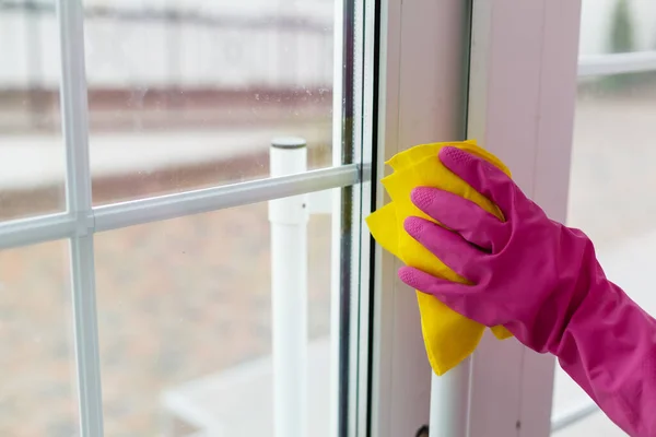 Concept Close Female Hand Cleaning Window Special Rag — Stock Photo, Image