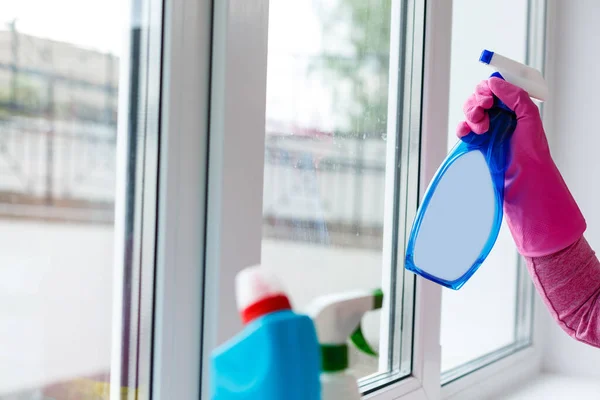 Concept Close Female Hand Cleaning Window Special Rag — Stock Photo, Image