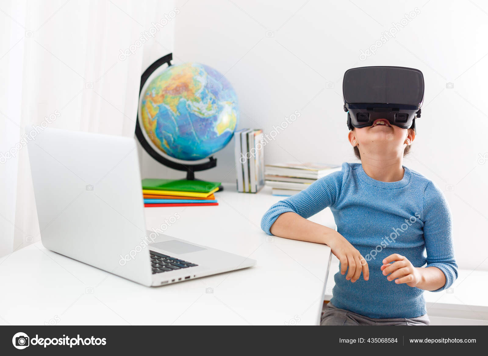 Little Kid Schoolgirl Sit Study White Desk Laptop School Distance Stock