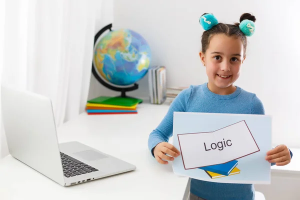 Happy Little Child Child Girl Has Idea Online Education Small — Stock Photo, Image
