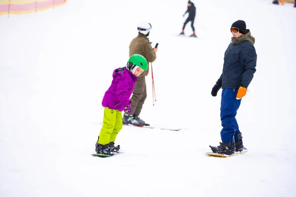 Snowboard Winter Sport Little Girl Learning Snowboard Wearing Warm Winter — Stock Photo, Image