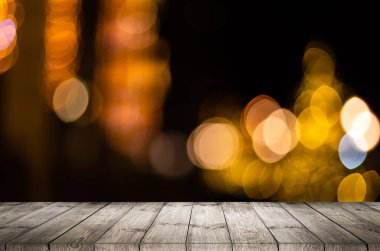 Altın bokeh soyut arkaplanda ahşap masa üstü