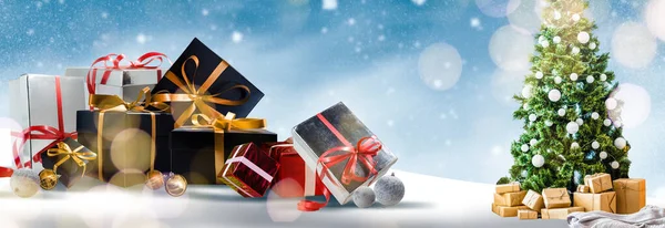 Weihnachten Hintergrund Mit Geschenk Boxen Schnee — Stockfoto