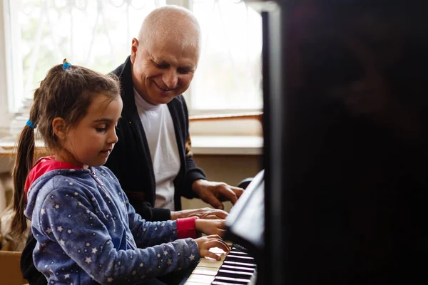 Grandfather Teach Girl Playing Piano Happily — Stock Photo, Image