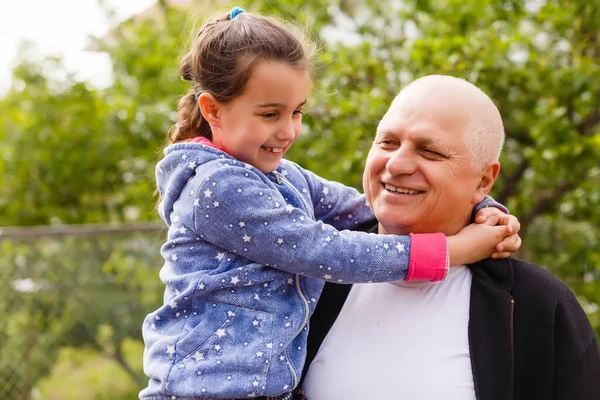 Beautiful Granddaughter Visiting Her Elderly Kind Grandfather — Stock Photo, Image