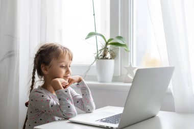 Evde bilgisayarını kullanarak internetten ders çalışan küçük bir kız.
