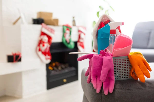 Different Tools Cleaning Kitchen Christmas Background — Stock Photo, Image