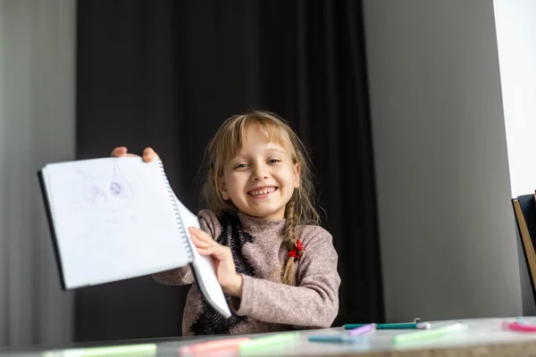 Cute Little Girl Doing Her Homework Close Home Interior Background — Stock Photo, Image