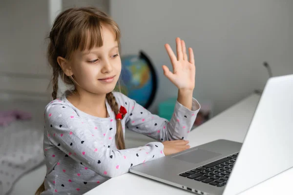 Girl Video Conferencing Happy Female Teacher Laptop — стоковое фото