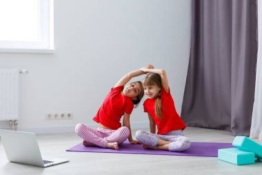 Güzel atletik genç kızlar evde yoga yapıyorlar.