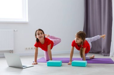 Güzel atletik genç kızlar evde yoga yapıyorlar.