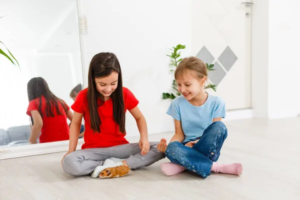 2人の女の子が家の床にハムスターで遊んでいます — ストック写真