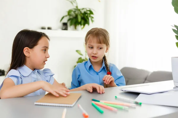 Pretty Stylish Schoolgirls Studying Her Online Lesson Home Social Distance — Stock Photo, Image