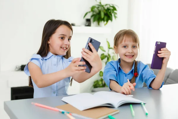 Pretty Stylish Schoolgirl Studying Homework Her Online Lesson Home Social — Stock Photo, Image