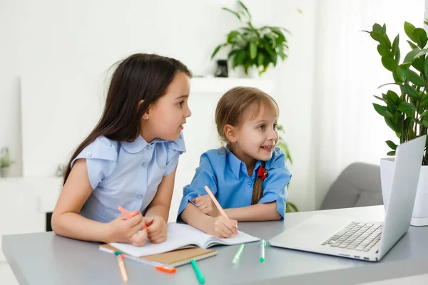 Pretty Stylish Schoolgirls Studying Her Online Lesson Home Social Distance — Stock Photo, Image