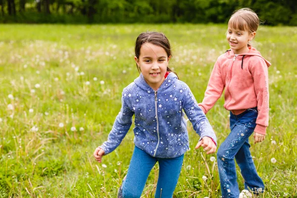 Deux Adorables Filles Dansant Sur Prairie — Photo